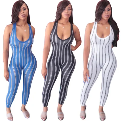 Sexy Women′s Slim Fit Sleeveless Striped Print Jumpsuit