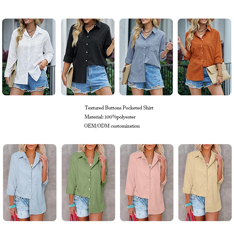 Polyester Textured Buttons Pocketed Apparel Women Clothing Shirt Blouse
