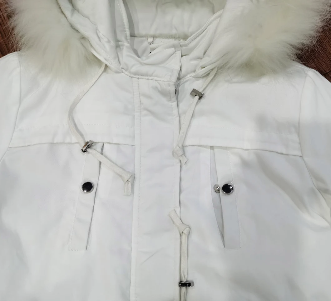 Woman Winter White Color MID-Long Length Faux-Fur Hood Outdoor Coat