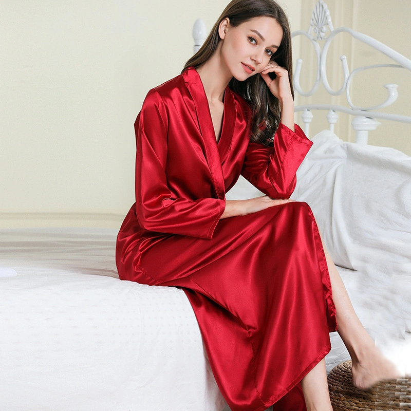 Silk Pajamas Women Flap Neck Long Robe Women&prime;s Sexy Pajamas Bathrobe Home Wear