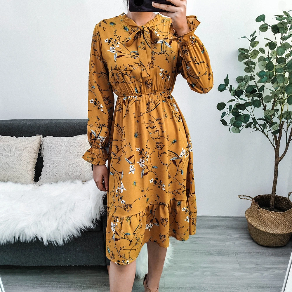 Women&prime; S Spring and Summer Trumpet Long Sleeve Printed Dress Chiffon Skirt