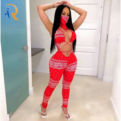 Custom Color Sexy Women Laced Jumpsuit Hollow out Romper Printed Party Queen Jumpsuit
