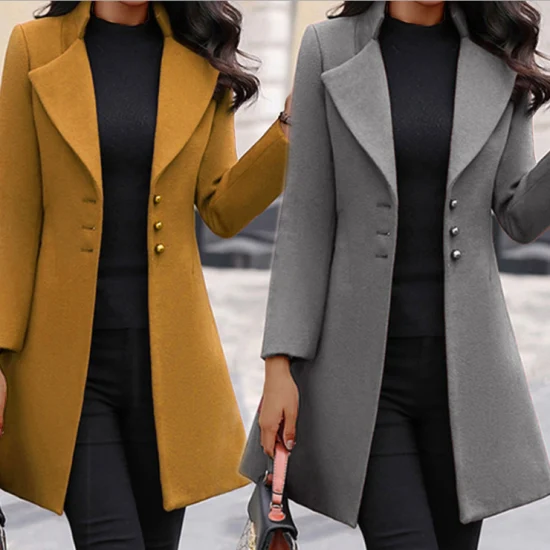 2022 Wholesale MID-Length Korean Version Wool Lapel Solid Color Slim Women′ S Woolen Coat