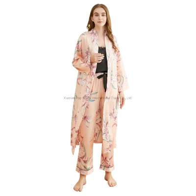 Intiflower Women Suspenders Printed Pajamas Belted Pyjama Elegant Female Sleepwear Three-Piece Set Nightdress