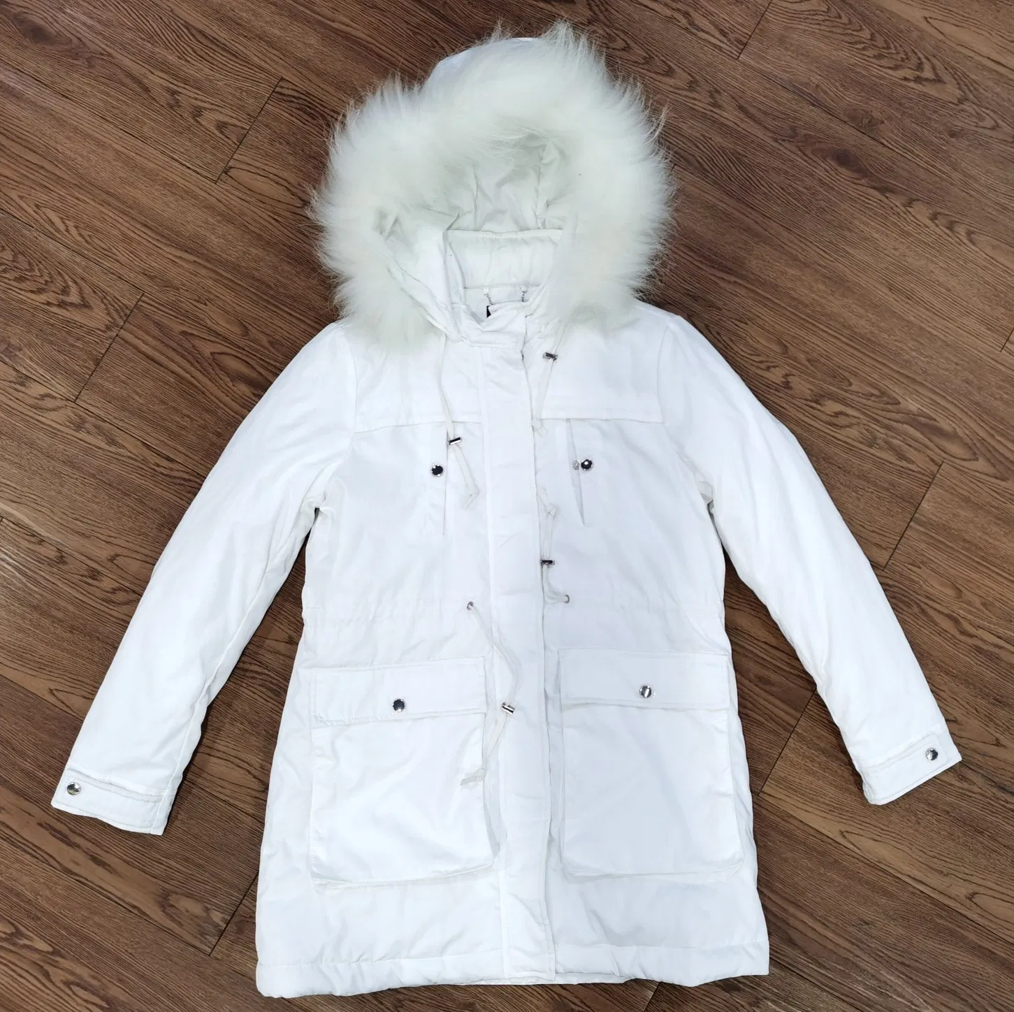 Woman Winter White Color MID-Long Length Faux-Fur Hood Outdoor Coat
